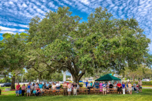 The faithful stand beneath one of the heritage oak trees during proclamation of Gospel during Mass on Memorial Day at Calvary Catholic Cemetery. Some attendees spread blankets on the grass, some sat beneath canopies while others took advantage of the natural shade.