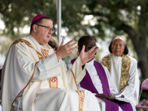 In his homily, Bishop Parkes tells the faithful that today’s Gospel gives us hope on our journey. He also reminded those in attendance that praying for the living and the dead is one of the Spiritual Works of Mercy and that “the most powerful prayer is the Holy Sacrifice of the Mass”.