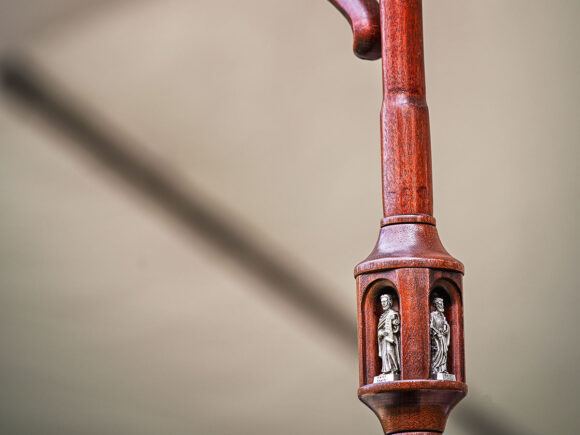 The four Evangelists, Sts. Mark, Matthew, Luke and John are depicted on Bishop Parkes crozier. The crozier resembles a shepherd’s crook and is a symbol of his pastoral leadership.